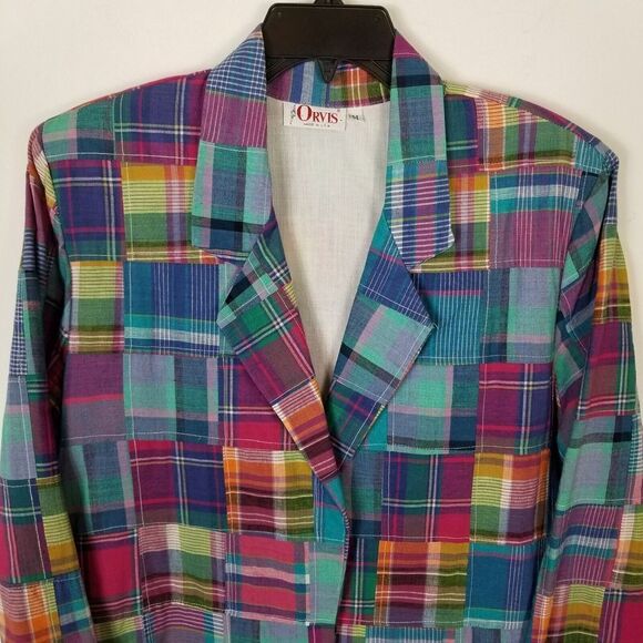 VRG Orvis Women Multicolor Plaid Blazer Jacket Size M Button Up Shoulder Pads - Picture 2 of 6